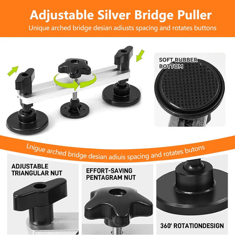 135 Piece Paintless Dent Repair Kit For Cars With T Bar Puller Bridge Puller Golden Lifter And More DIY Car Dent Remover For Door Dings Hail Damage And Body Creases Learn To Fix Scratches At Home With This All In One Auto Body Repair Set. adjustable silver bridge puller with soft rubber bottom