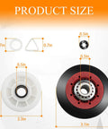 All In One Dryer Repair Kit 4392067 components with dimensions, showing drum roller and parts for Whirlpool Cabrio Duet Maytag.