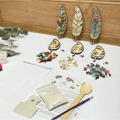 DIY Mosaic Kit For Adults With Feather Bird Cat And Heart Designs, Christmas Gift For Crafters, includes grout and tools