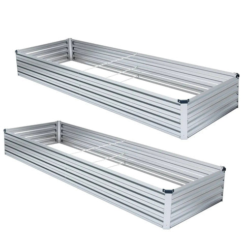 Two Pack 6x3x1 Foot Galvanized Raised Garden Bed Kit For Outdoor Veggies, Bottomless Rectangular Metal Planter Box With Sturdy Support Rods And Tool Free Assembly, Silver, shown from above.