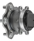 Close-up of a rear wheel bearing hub assembly for Nissan Rogue and Rogue Sport FWD 2014 through 2019, 5 lug bolt pattern, metal construction.
