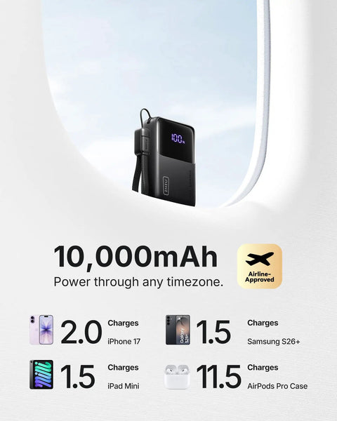Hella Compact 10000 Mah Pocket Power Bank With Blazing 45W Fast Charging For Smartphones And Tablets on a window ledge.