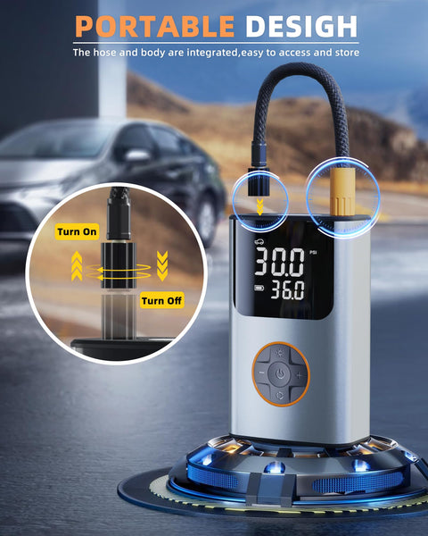 Portable Tire Inflator Air Compressor For Cars, Bikes, And More With 150 PSI, LCD Dual Screen, digital pressure gauge displayed