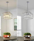 Raindrop Crystal Pendant Light For Kitchen Island With Adjustable Height And Chrome Frame showing on and off modes over a table