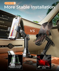Upgraded Cup Holder Phone Mount With 360 Degree Swivel And Long Neck next to competitor in car interior