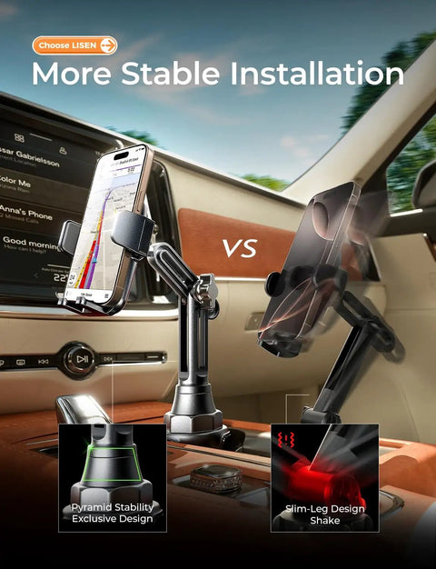 Upgraded Cup Holder Phone Mount With 360 Degree Swivel And Long Neck next to competitor in car interior