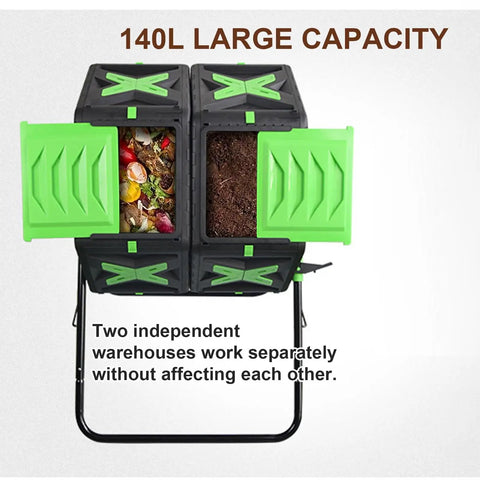 Dual Chamber Compost Tumbler With 360 Degree Rotating Bin 140L Heavy Duty Outdoor Compost Bin showing double compartments