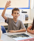 Student raising hand in class with US Government Buildings poster, part of Eight Poster US Government Buildings Set For Classrooms.