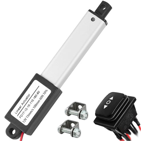 12V Mini Linear Actuator with 4 Inch Stroke, 60N Load, 15mm/sec Speed, IP54 Waterproof, shown with mounting bracket and switch