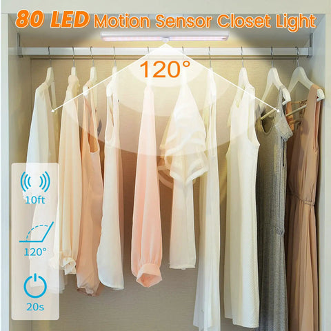 Wireless Motion Sensor Light Indoor 80 LED Dimmable Closet Lights USB Rechargeable Under Cabinet Lighting Magnetic Stick On Under Counter Lights For Kitchen Wardrobe 3 Pack