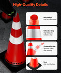 Close-up of Eight Pack 30 Inch PVC Safety Cones with Reflective Collars and Black Weighted Bases for Traffic Control