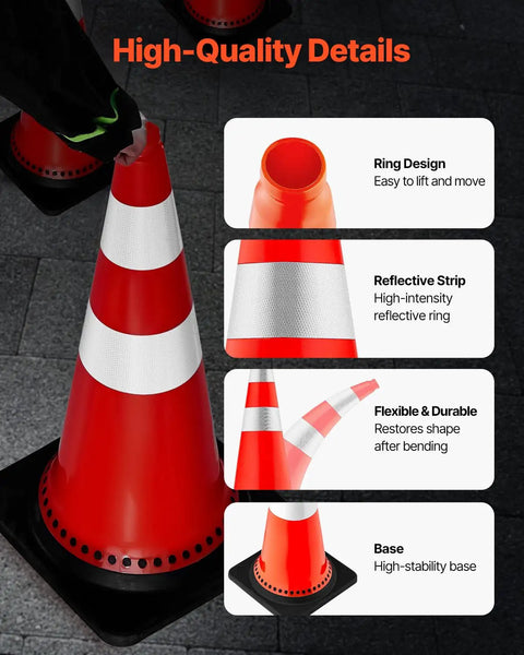 Close-up of Eight Pack 30 Inch PVC Safety Cones with Reflective Collars and Black Weighted Bases for Traffic Control