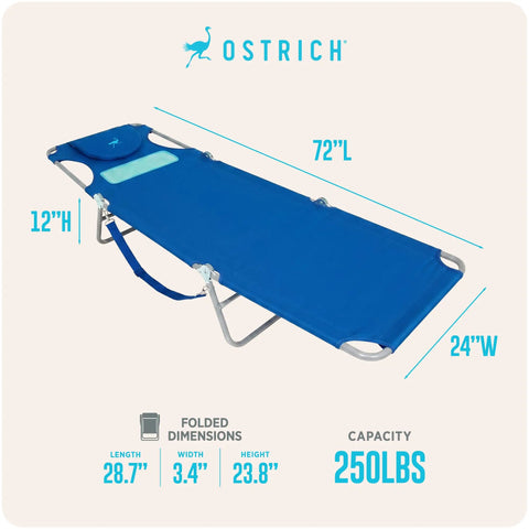 Ladies Chest-Support Comfort Lounger Foldable Portable Reclining Outdoor Chair For Beach Pool Patio Camping Tanning Lounging Lawn Sunbathing Ocean Blue, dimensions shown