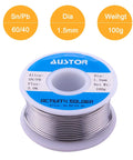 Image of 60-40 Tin Lead Rosin Core Solder Wire For Electronics Soldering, 1.5mm Diameter, 100g spool with flux 2.0%, showing packaging details.