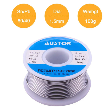 Image of 60-40 Tin Lead Rosin Core Solder Wire For Electronics Soldering, 1.5mm Diameter, 100g spool with flux 2.0%, showing packaging details.