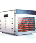 Pro Built 1000W Food Dehydrator With 8 Durable Stainless Steel Trays Plus Quick Setup Timer, showing drying beef jerky inside.