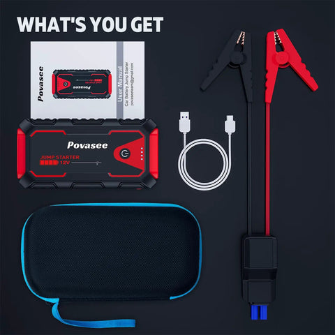 5000A Car Jump Starter A30 12V Jump Box Portable Power Bank with cables, LED light, USB cord, and carrying case