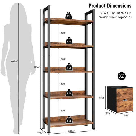 Product dimensions of Badass Heavy Duty Five Tier Bookshelf With Deep Storage Drawers, Tall Industrial Wood Metal Display Rack.