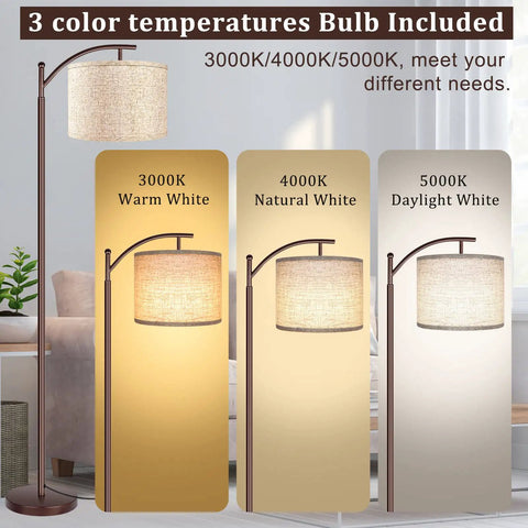 Tall Industrial Floor Lamp With LED Bulb 9W 800 Lumens Three Color Temperature 2700K 4000K 5000K Foot Switch Beige Lampshade