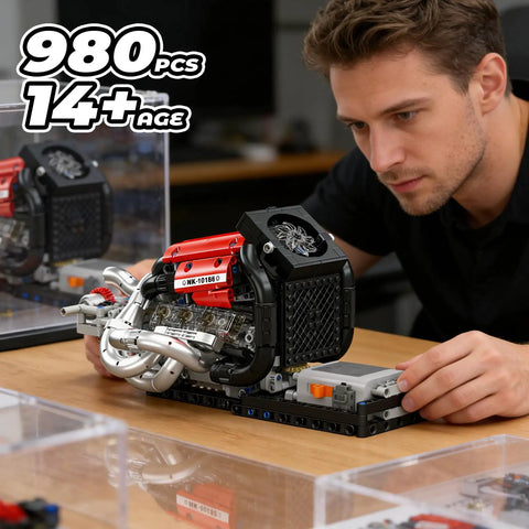 Motorized Engine Building Kit For Adults Hands On Realistic Piston Engine With Belt Drive Cooling Fan And Electric Power System Great STEM Display Model For Teens 14 Plus, 980 pcs