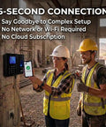 Straight Up Plug And Play Biometric Fingerprint Time Clock syncs with phone app in 5 seconds, showing offline setup in a construction site.