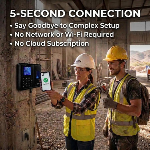 Straight Up Plug And Play Biometric Fingerprint Time Clock syncs with phone app in 5 seconds, showing offline setup in a construction site.