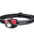 Ultra Bright 1000 Lumen Dual Color LED Headlamp with Twist Focus Beam shown in black and red with adjustable strap.