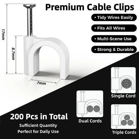 200 Pcs Nail In Cable Clips White For Ethernet Coax And Speaker Cables Wire Wall Clips Self Nail In 7mm Cat6 Cable Management Tacks