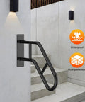 U Shaped Safety Handrails Built Tough For Indoor And Outdoor Steps Heavy Duty Stair Railing Rust Proof Black Steel on a concrete wall.