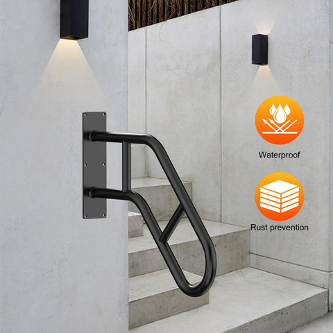 U Shaped Safety Handrails Built Tough For Indoor And Outdoor Steps Heavy Duty Stair Railing Rust Proof Black Steel on a concrete wall.