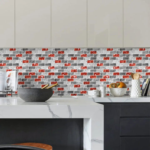 Red Marble Peel And Stick Backsplash Tiles For Kitchen And Bathroom 12 By 12 Inches 10 Sheets Self Adhesive Easy Install on kitchen wall