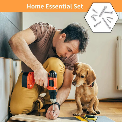 Man using All Purpose Stainless Steel Wood Screws Set 420 PC Assortment Kit With Flat Head Phillips Drive Self Tapping Screws 8 Sizes From 6mm To 30mm And 20 Anchors for floor repair