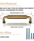 Antique Brass Zinc Alloy Cabinet Pulls Six Pack With 3-3/4 Inch Hole Center, 4.2 Inch Length Kitchen Drawer Handles, 96mm Center, Includes M4 Screws, displaying dimensions with screws included, solid material zinc alloy detail.