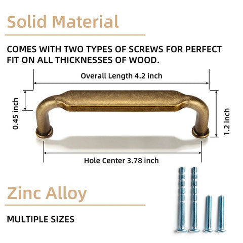 Antique Brass Zinc Alloy Cabinet Pulls Six Pack With 3-3/4 Inch Hole Center, 4.2 Inch Length Kitchen Drawer Handles, 96mm Center, Includes M4 Screws, displaying dimensions with screws included, solid material zinc alloy detail.