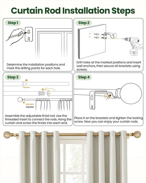 Installation steps for Boho Wood Curtain Rod Set 1 Inch Adjustable From 36 To 88 Inches With Imitation Wood Grain Leaf Finials