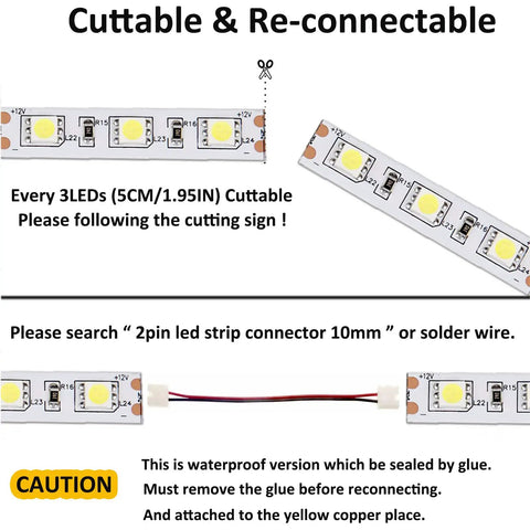 Lit 12V Cool White LED Strip Lights 6000K 6500K 16.4ft Flexible SMD5050 Rope Light With 300 LEDs Dimmable IP65 Waterproof Cuttable