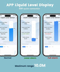 Smart WiFi Water Level Sensor For Tanks With Tuya App display on phone showing normal, lower, and full alarm status.