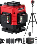 Heavy Duty 12 Line Green Laser Level With Slick Remote Control And Sturdy Triangle Bracket For Instant Self Leveling Up To Ninety Eight Feet, includes tripod and accessories.