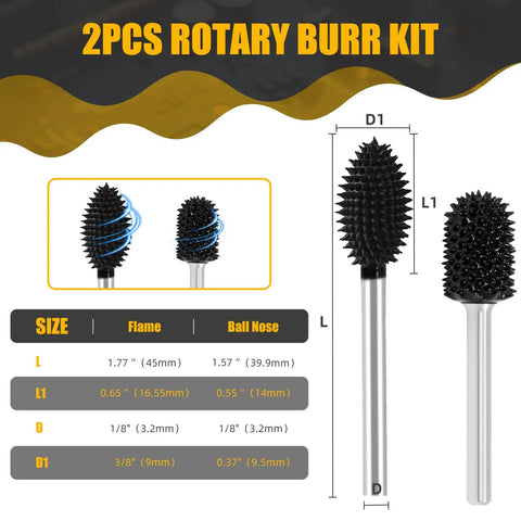 Heavy Duty Carbide Rotary Burr Set Featuring Kickass Coarse Teeth For Rapid Material Removal And Effortless Wood Carving On Foam Plastic Rubber And Dremel Compatible Rotary Hand Tools, showing flame and ball nose sizes.