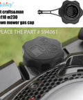 Fuel Tank Cap Replacement For Lawn Mower Fits Briggs And Stratton Toro Craftsman M230 M110 Gas Cap Replacement Durable Locking Design Weather Resistant And Easy To Install Replaces 84004416 597414, close-up view showing installed cap on mower with tether.