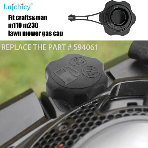 Fuel Tank Cap Replacement For Lawn Mower Fits Briggs And Stratton Toro Craftsman M230 M110 Gas Cap Replacement Durable Locking Design Weather Resistant And Easy To Install Replaces 84004416 597414, close-up view showing installed cap on mower with tether.