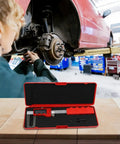 Digital Brake Caliper 0-150mm LCD Electronic Vernier Gauge in use measuring brake pads beneath a raised car.