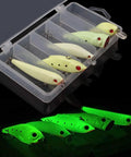 Luminous Night Fishing Lure Kit 5Pc With VIB Popper Crankbait Minnow Pencil Lure And Treble Hook Lures In A Handy Tackle Box