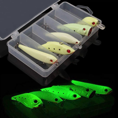 Luminous Night Fishing Lure Kit 5Pc With VIB Popper Crankbait Minnow Pencil Lure And Treble Hook Lures In A Handy Tackle Box