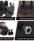 Two Piece ATV Disc Plow Harrow Set For Tractor Attachments, detailed views showing steel discs, soil breaking, attachment bolt.