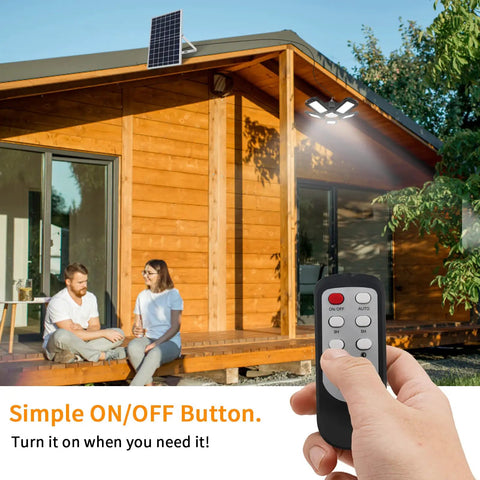Beast Mode Bright Solar Pendant Light With Remote And Large Solar Panel 228 LEDs illuminating wooden porch