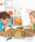 Children playing with Finger Skate Park Kit Bigger Ramp Set With Five Parts for fingerboard training, featuring decks, scooters, bikes.