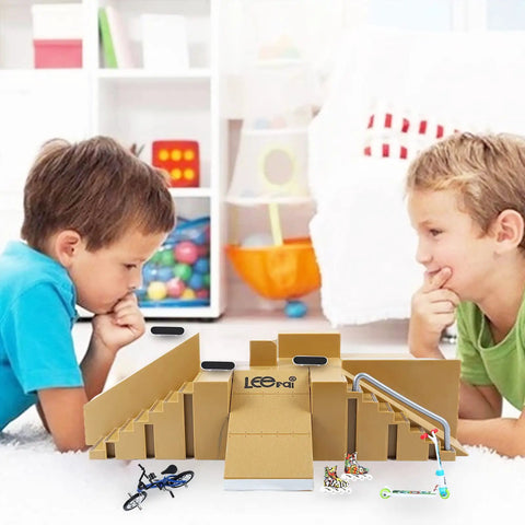 Children playing with Finger Skate Park Kit Bigger Ramp Set With Five Parts for fingerboard training, featuring decks, scooters, bikes.