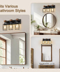 Farmhouse Wood And Black Metal Vanity Light With 3 Lights Over Mirror For A Dope Industrial Cage Shade Look in various bathroom styles.