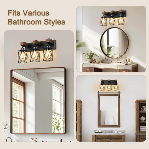 Farmhouse Wood And Black Metal Vanity Light With 3 Lights Over Mirror For A Dope Industrial Cage Shade Look in various bathroom styles.
